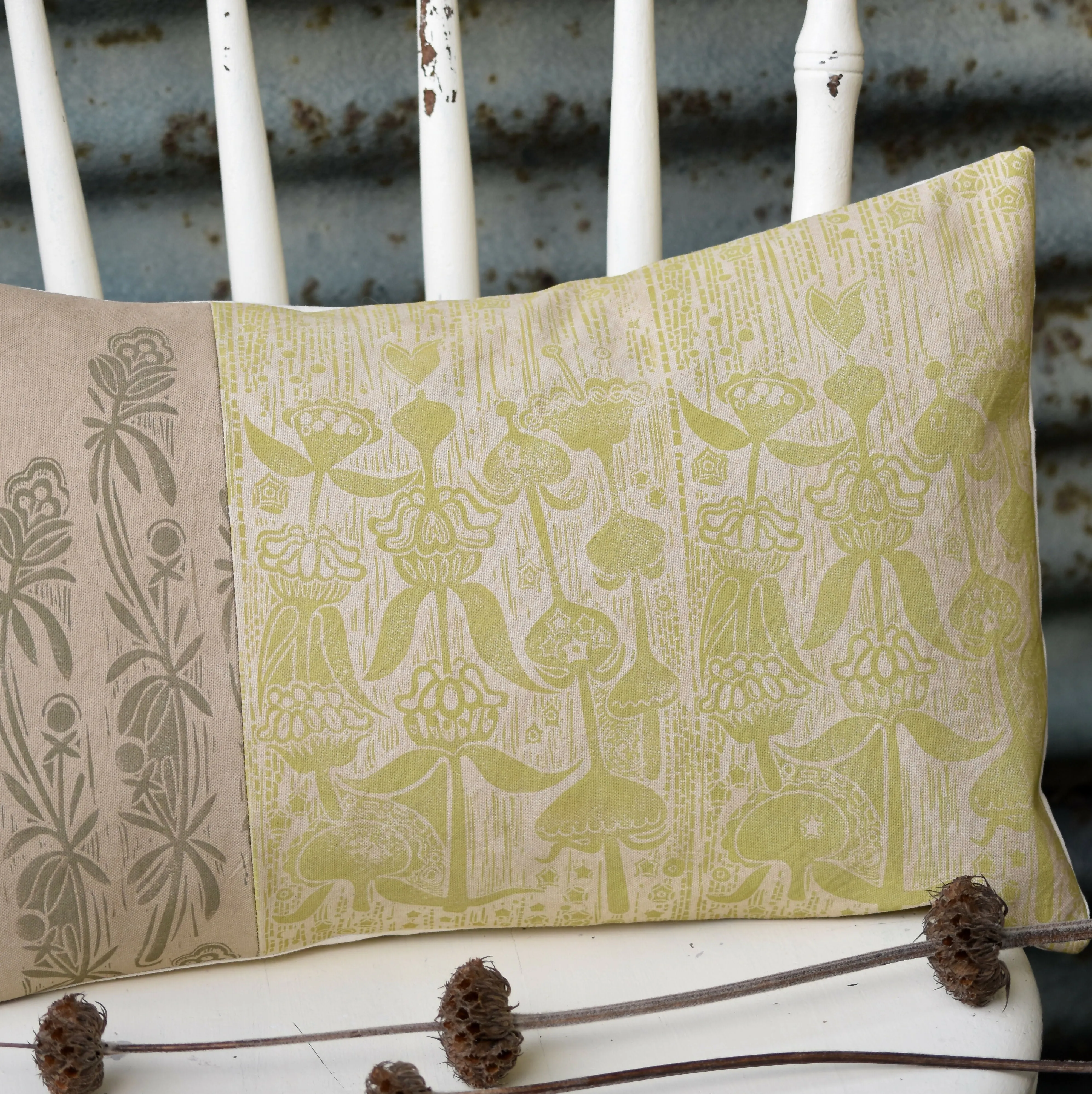 Goosegrass and Phlomis Cotton Cushion - Plant Dyed and Block Printed By Hand