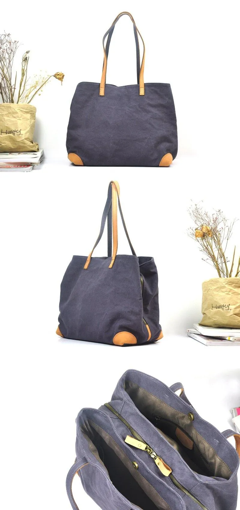 Gray Canvas Leather Mens Denim Bag Tote Bag Messenger Bag Camel Travel Bag For Men and Women