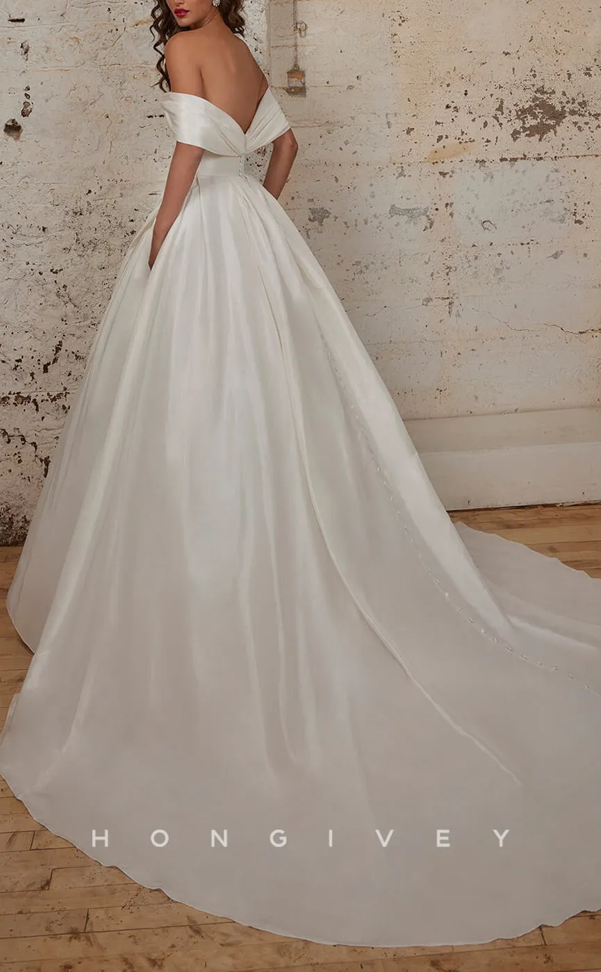 H1156 - Sexy Satin A-Line Off-Shoulder Empire Ruched With Train Wedding Dress