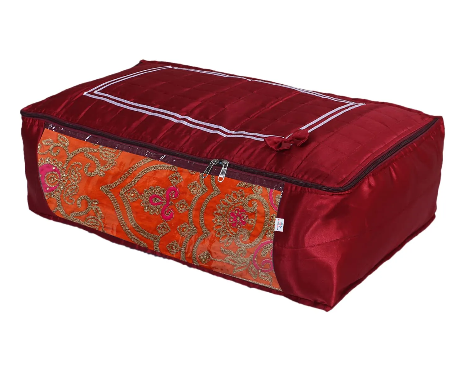 Heart Home Satin Bow Design Lehenga Cover|Foldable & Dustproof Salwar Suit Cover|Zipper Gown Organizer With Side Transparent (Maroon)