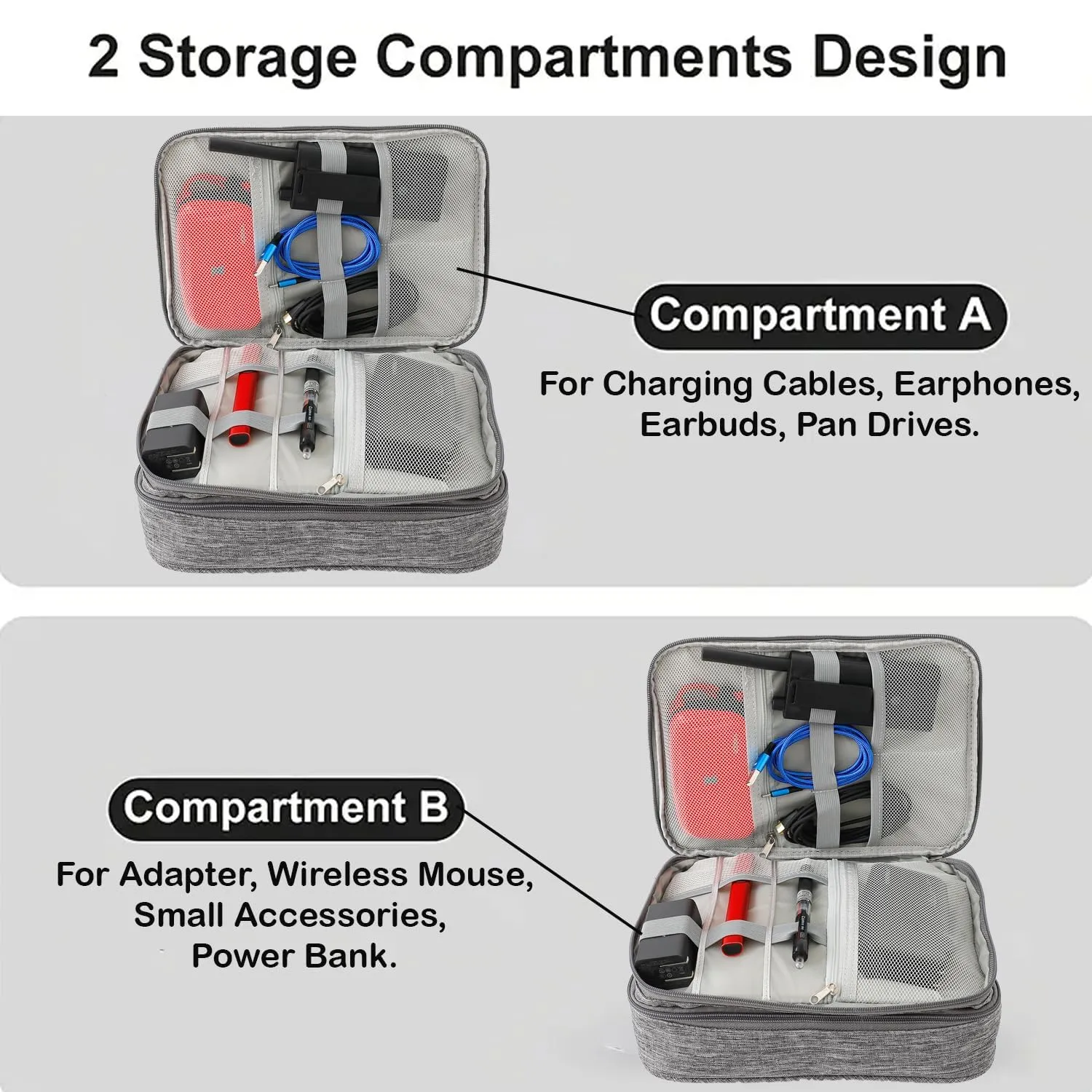 Homestic Travel Organizer For Electronic Accessories|Multipurpose Pouch|Adapter, Cable, Gadget Organizer|Three Comparment With Zipper (Grey)