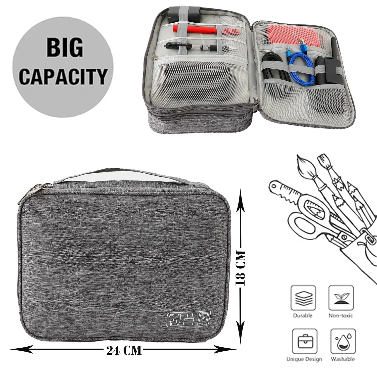 Homestic Travel Organizer For Electronic Accessories|Multipurpose Pouch|Adapter, Cable, Gadget Organizer|Three Comparment With Zipper (Grey)