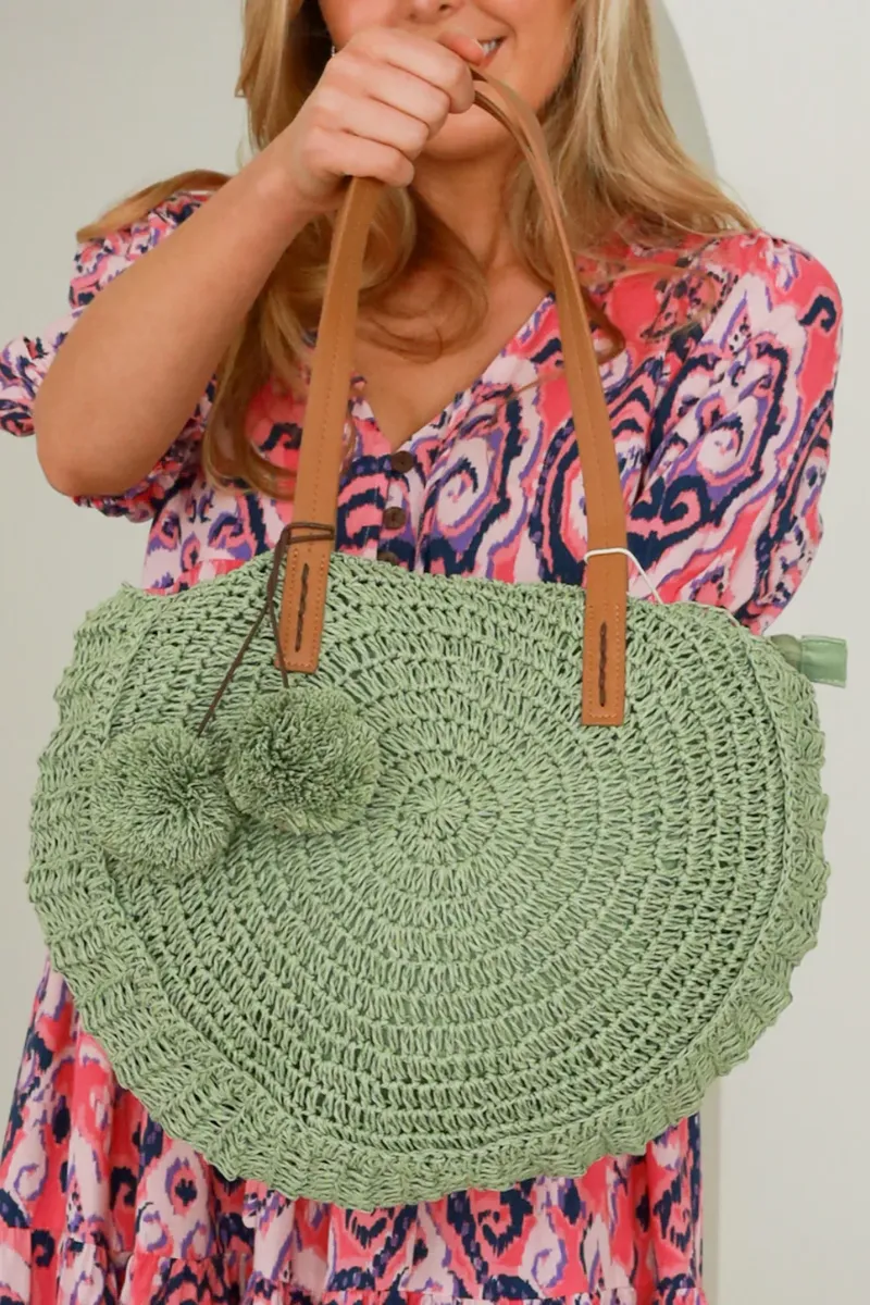 Isabella Boho Burano Straw Green Beach Bag