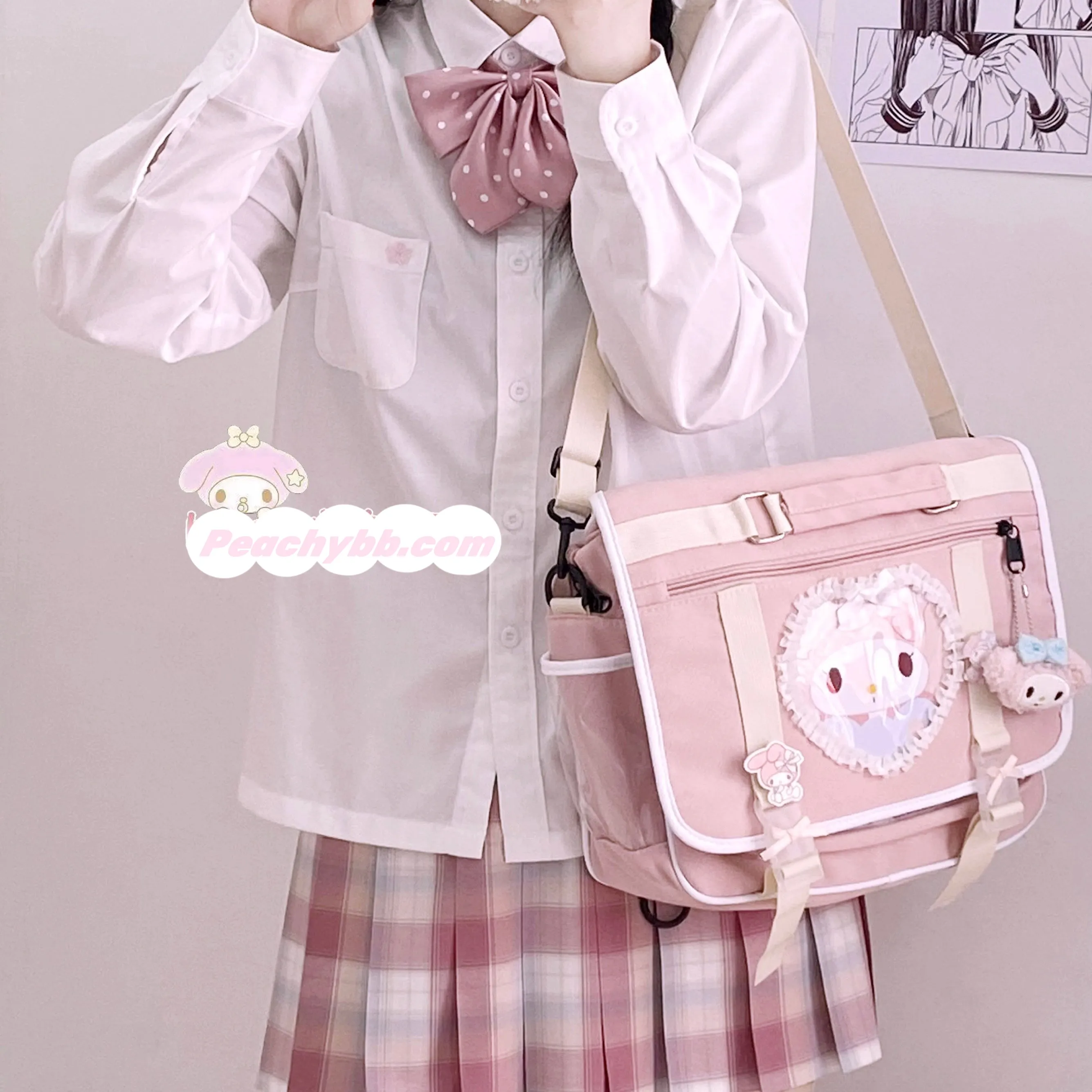 Kawaii Kuromi My Melody Inspired Lace Edge Icon Messenger Bag and Book Bag