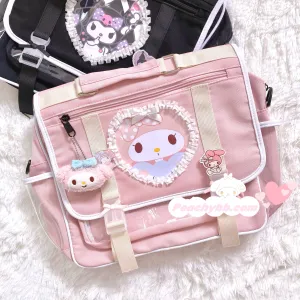 Kawaii Kuromi My Melody Inspired Lace Edge Icon Messenger Bag and Book Bag