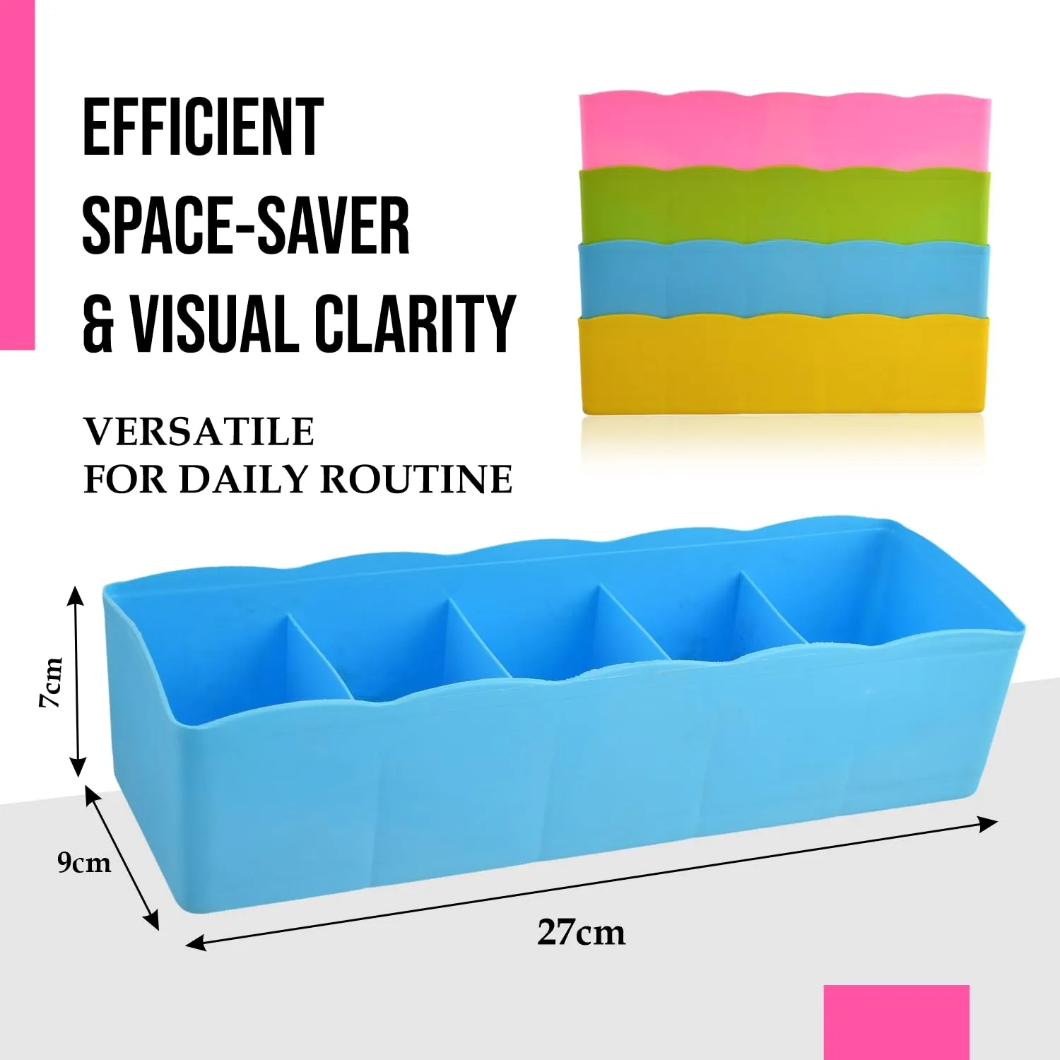 Kuber Industries Drawer Organizer | Plastic Undergarment Organizer for Socks-Ties | Stackable Drawer Divider Box | Closet Storage Box | 5 Grid Stationery Organizer | Pack of 2 | Blue