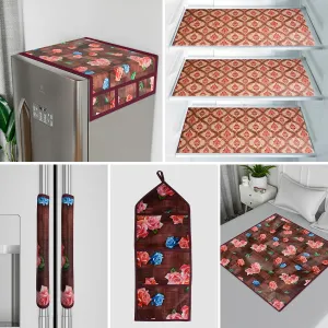 Kuber Industries Food Mat | Fridge Combo Set | Fridge Mat | Fridge Top Cover | Reversible Bed Server Mat | Gulab 7 Pcs Fridge Top Combo | Hanging Organizer | Maroon