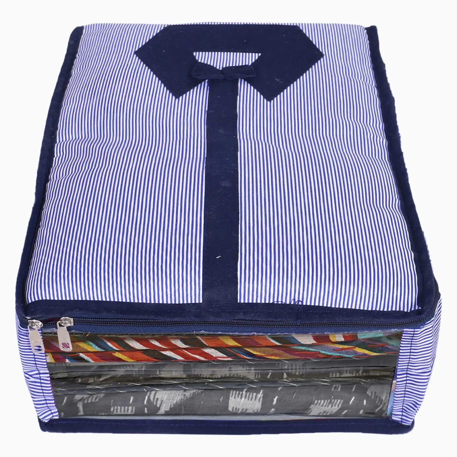 Kuber Industries Lining Print Cotton Shirt Cover/Clothing Organizer/Wardrobe Organizer With Window For Home, Traveling Pack of 2 (Blue)