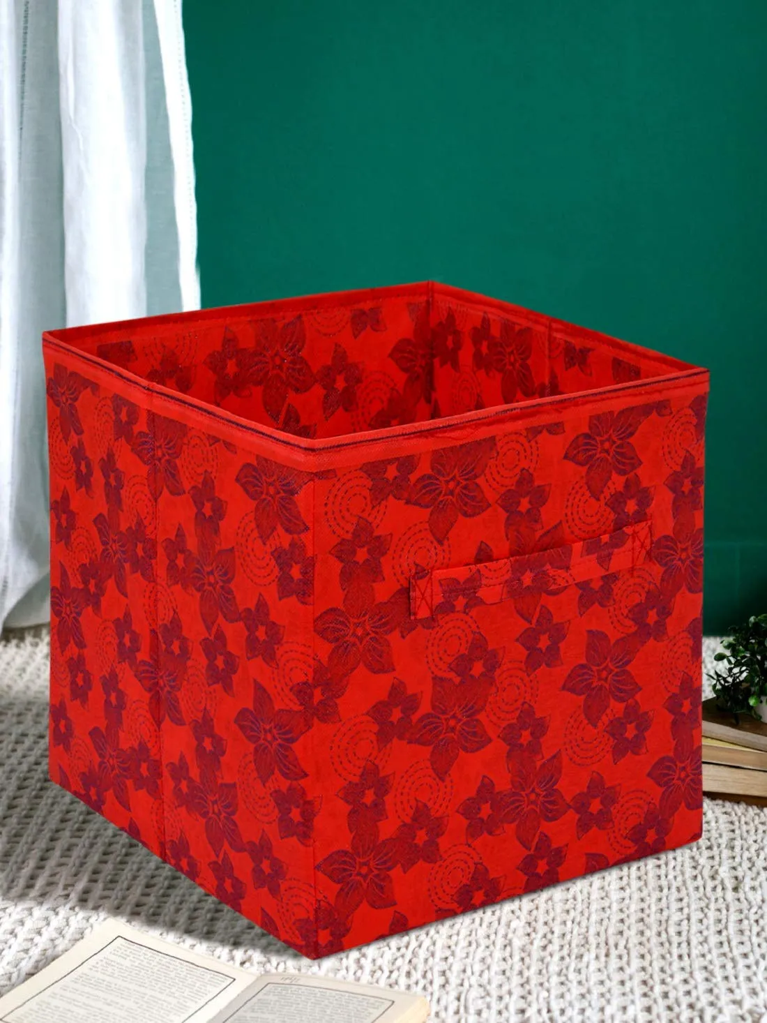 Kuber Industries Metallic Design Non Woven 4 Pieces Large Foldable Storage Organiser Cubes/Boxes (Red & Beige) - CTKTC35621