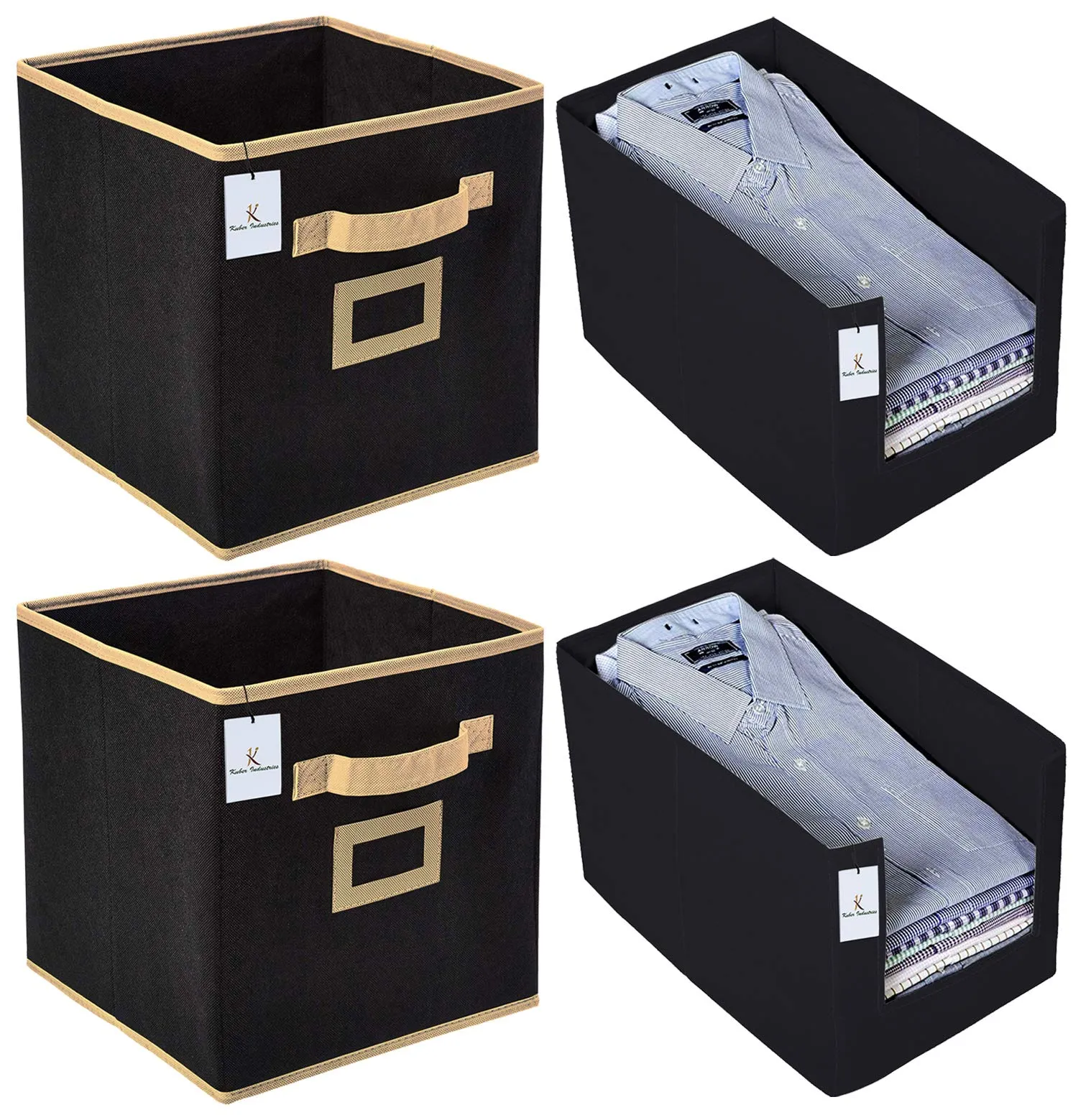 Kuber Industries Non Woven 2 Piece Shirt Stacker Wardrobe Organizer and 2 Piece Small Foldable Storage Organiser Cubes/Boxes (Black) - CTKTC038341