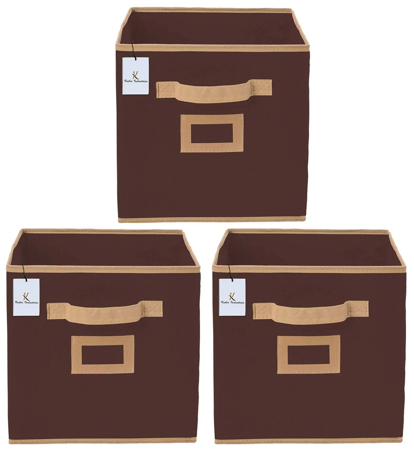 Kuber Industries Square Non Woven 3 Pieces Small Foldable Storage Organiser Cubes/Boxes (Coffee) - CTKTC35138