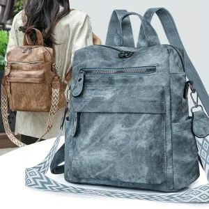 Large Capacity Vintage Style PU Leather Backpack - Adjustable Strap, Multiple Pockets, Water-Resistant, Durable, Multi-Functional Travel Bag with Polyester Lining and Bohemian Strap for Women