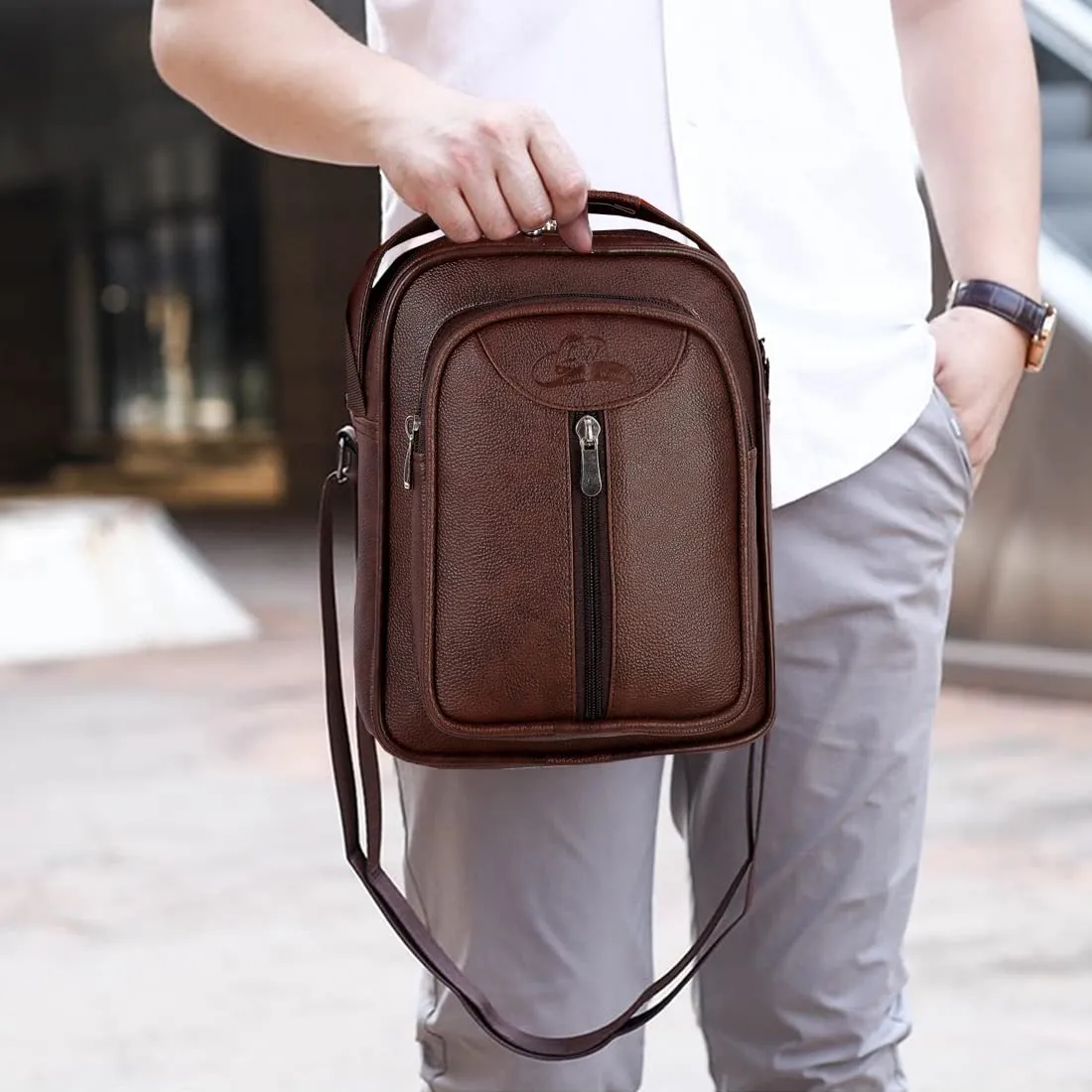 Leather World Vegan Leather 5.6 Liter Sling Cross Body Travel Office Business Messenger Bag for Men Women - Brown