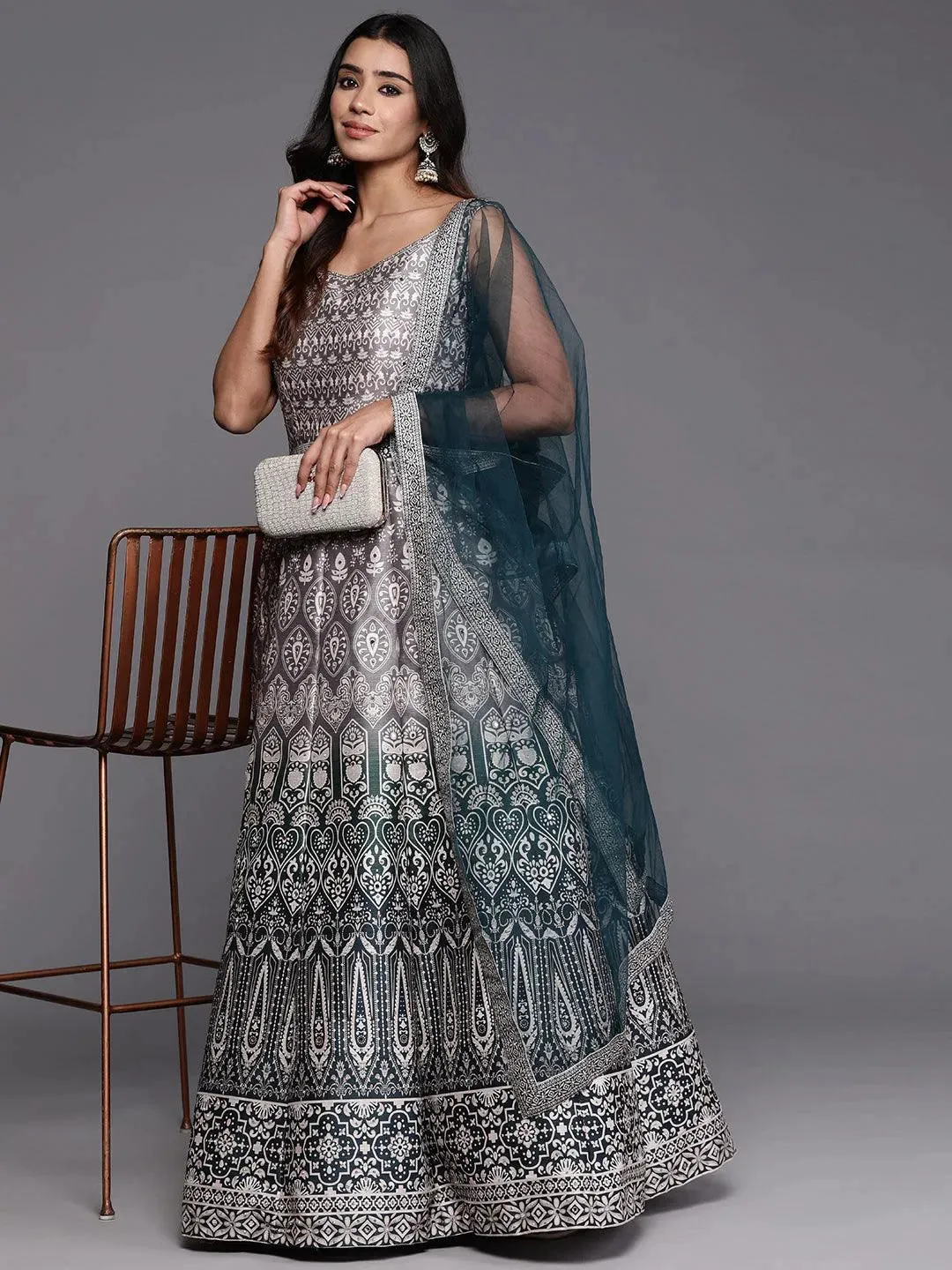 Libas Art Green Printed Silk Gown Dress With Dupatta