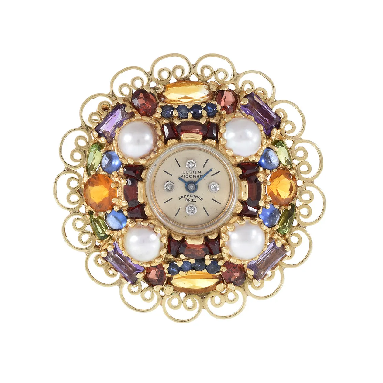 Lucien Piccard 1950s Multi Color Gemstone Brooch/Pendant Watch