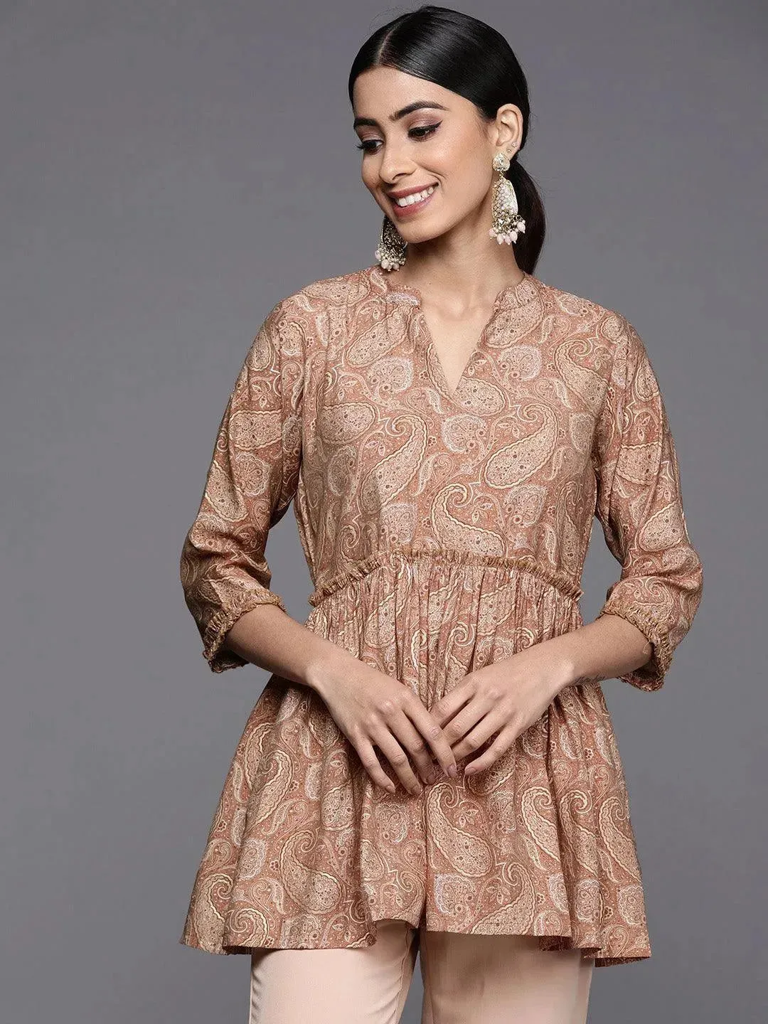 Mauve Printed Silk Blend A-Line Kurti