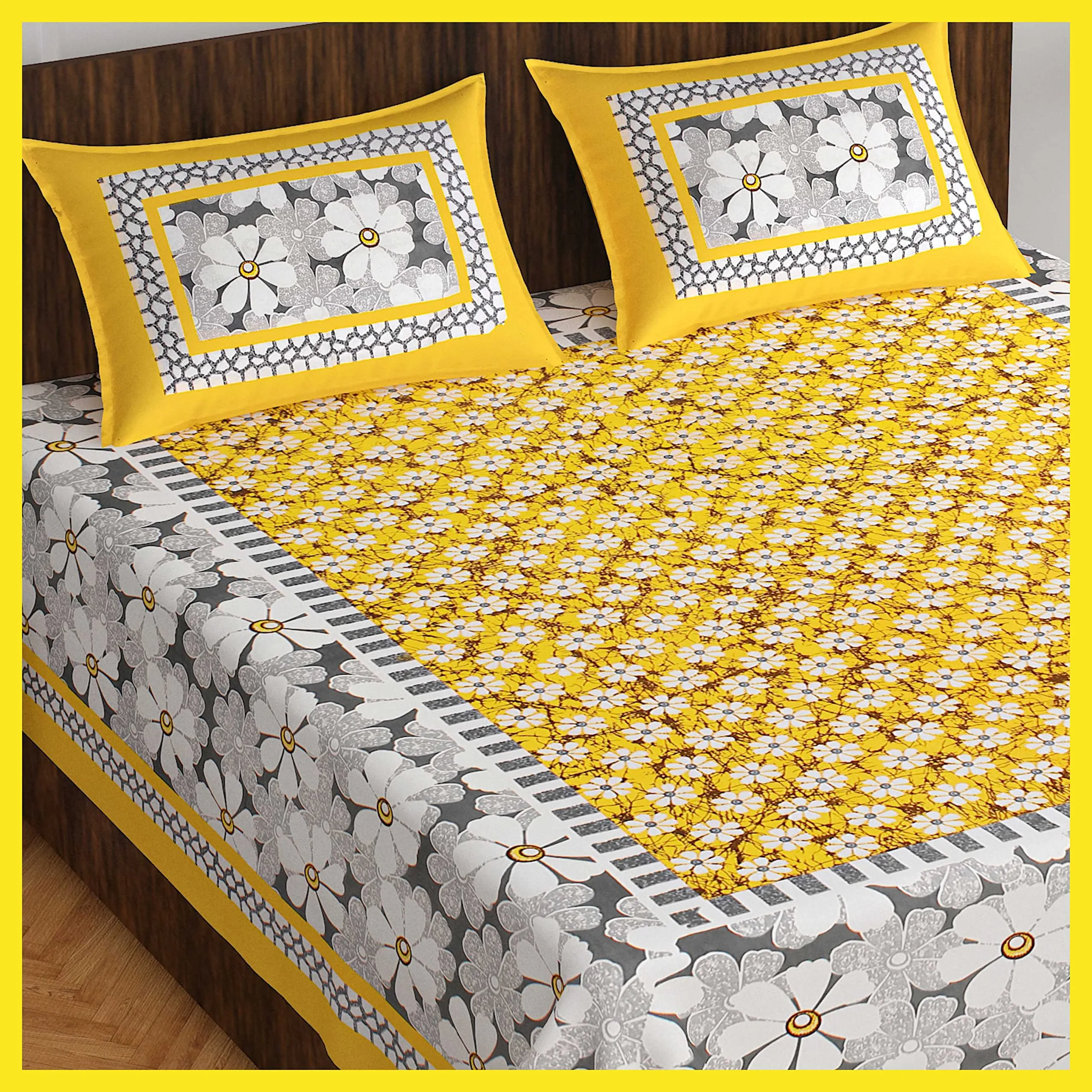 Meejoya Cotton Rajasthani Jaipuri Traditional King Size Double Bed Bedsheet with 2 Pillow Covers - Jaipuri_311