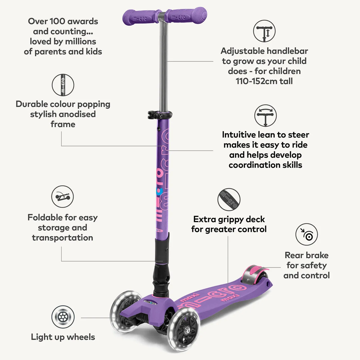 Micro Scooters Maxi Micro Scooter Deluxe Foldable LED - Purple