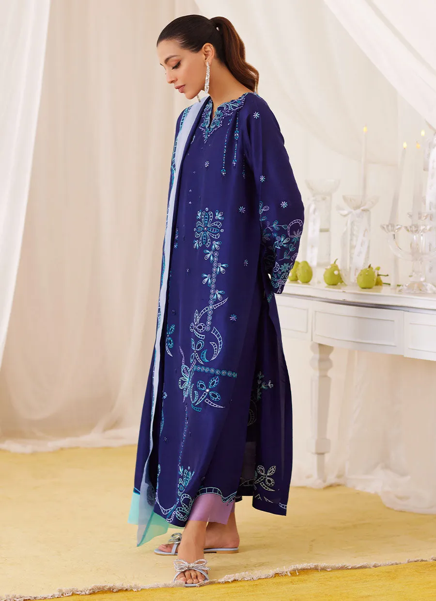 Nada Ink Blue Embroidered Shirt And Dupatta