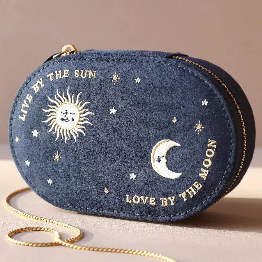 Navy Sun and Moon Embroidered Oval Jewelry Box