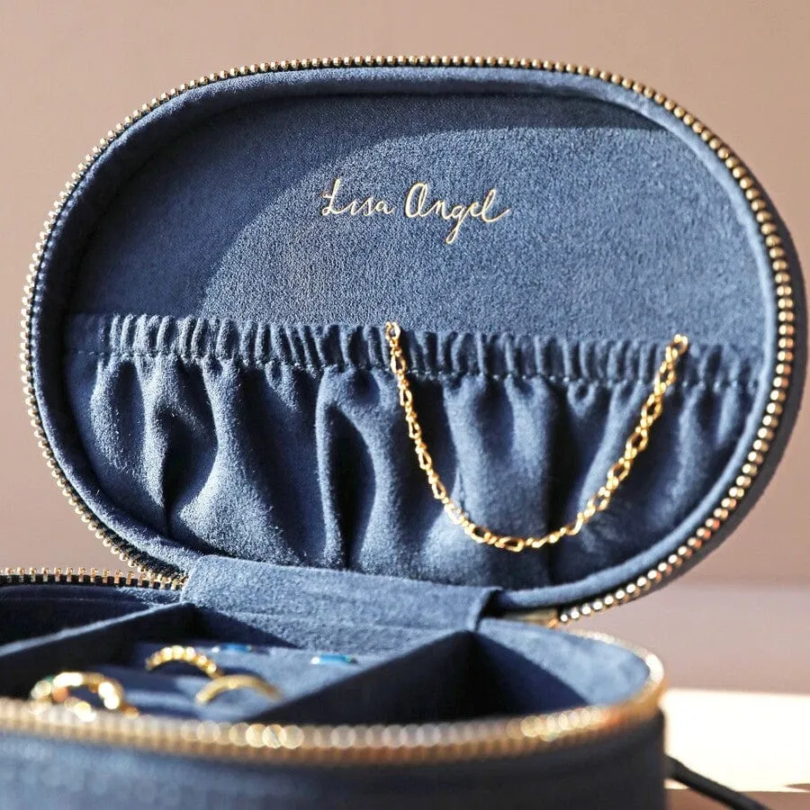 Navy Sun and Moon Embroidered Oval Jewelry Box