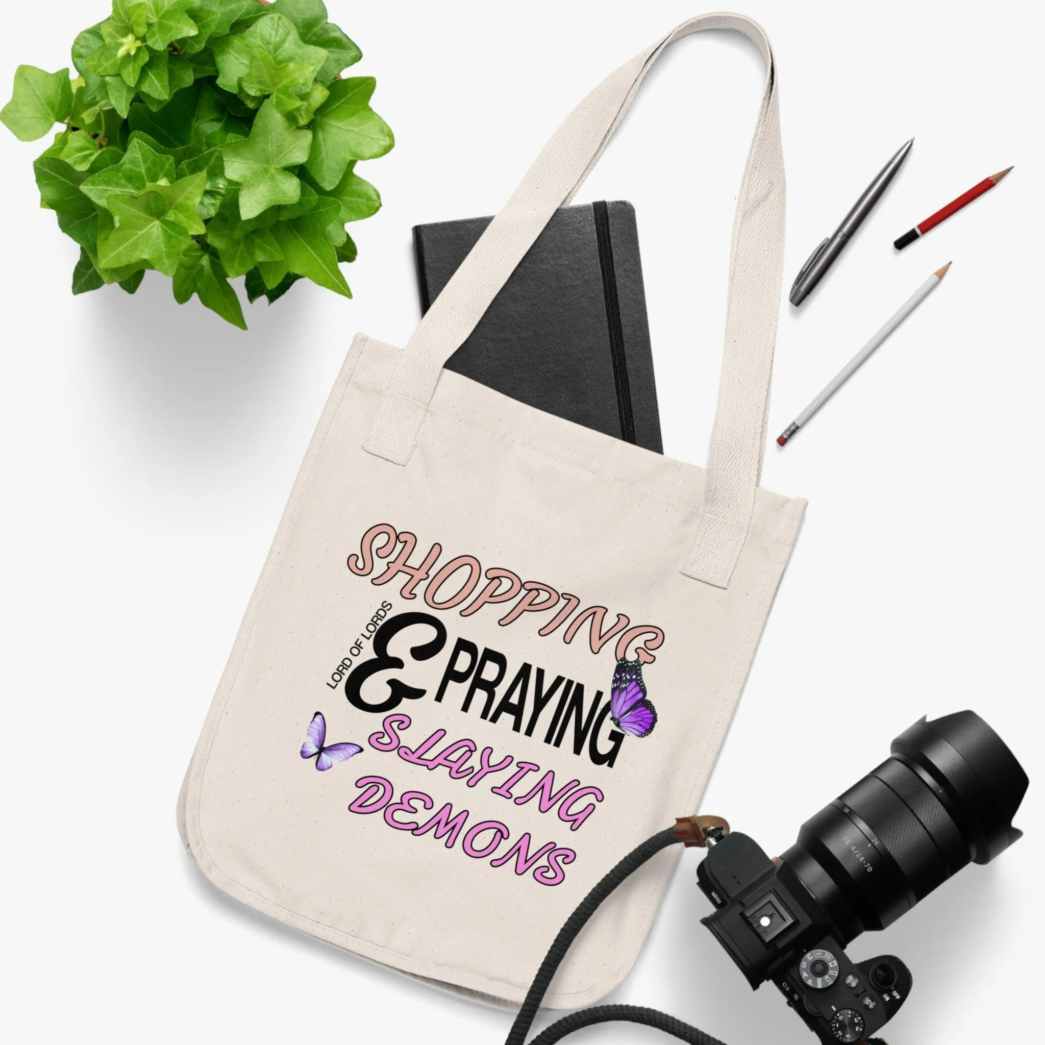 Organic Shopping & Praying & Slaying Demons Canvas Tote Bag