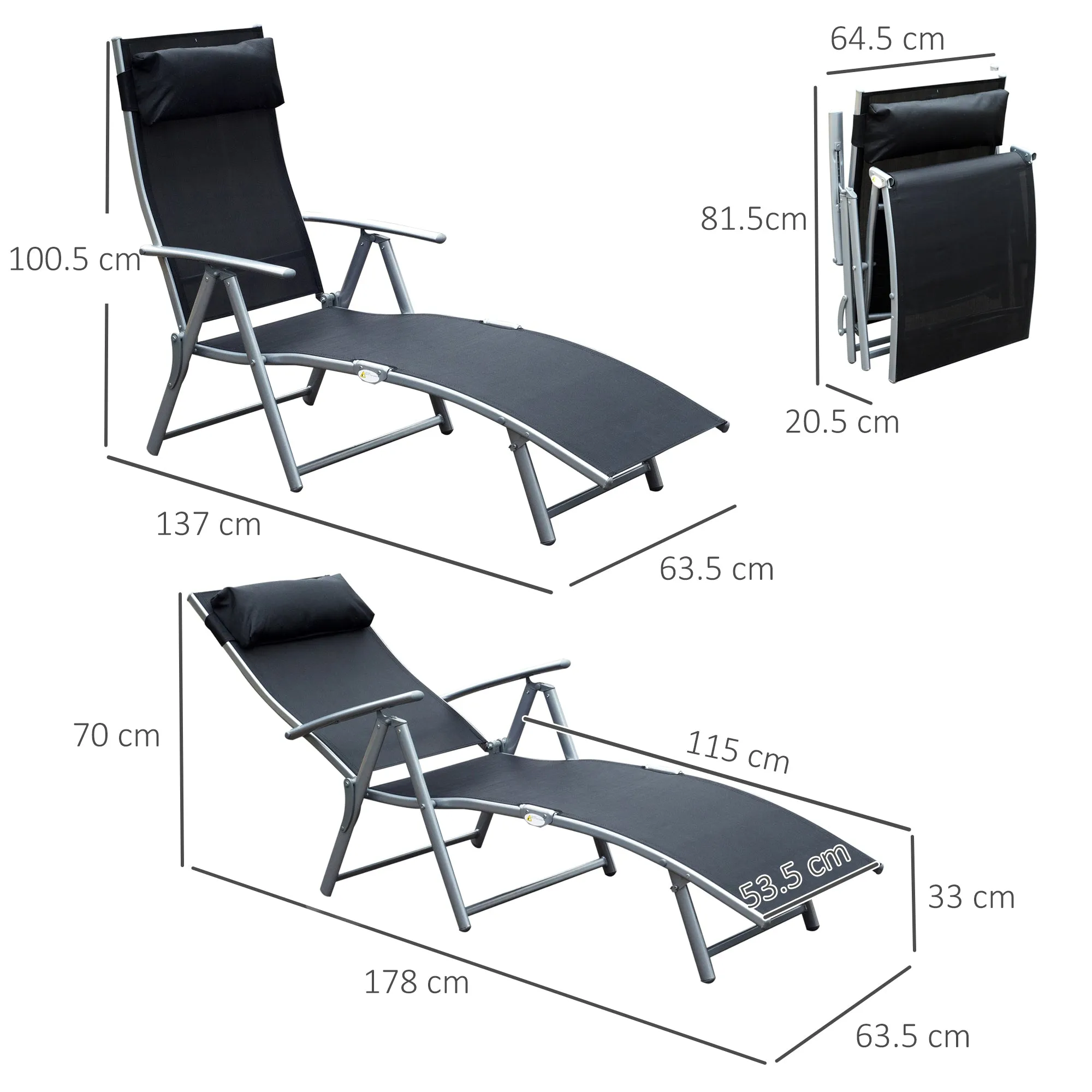 Outsunny Sun Lounger Recliner w/ Pillow Foldable 7 Levels Textilene Black