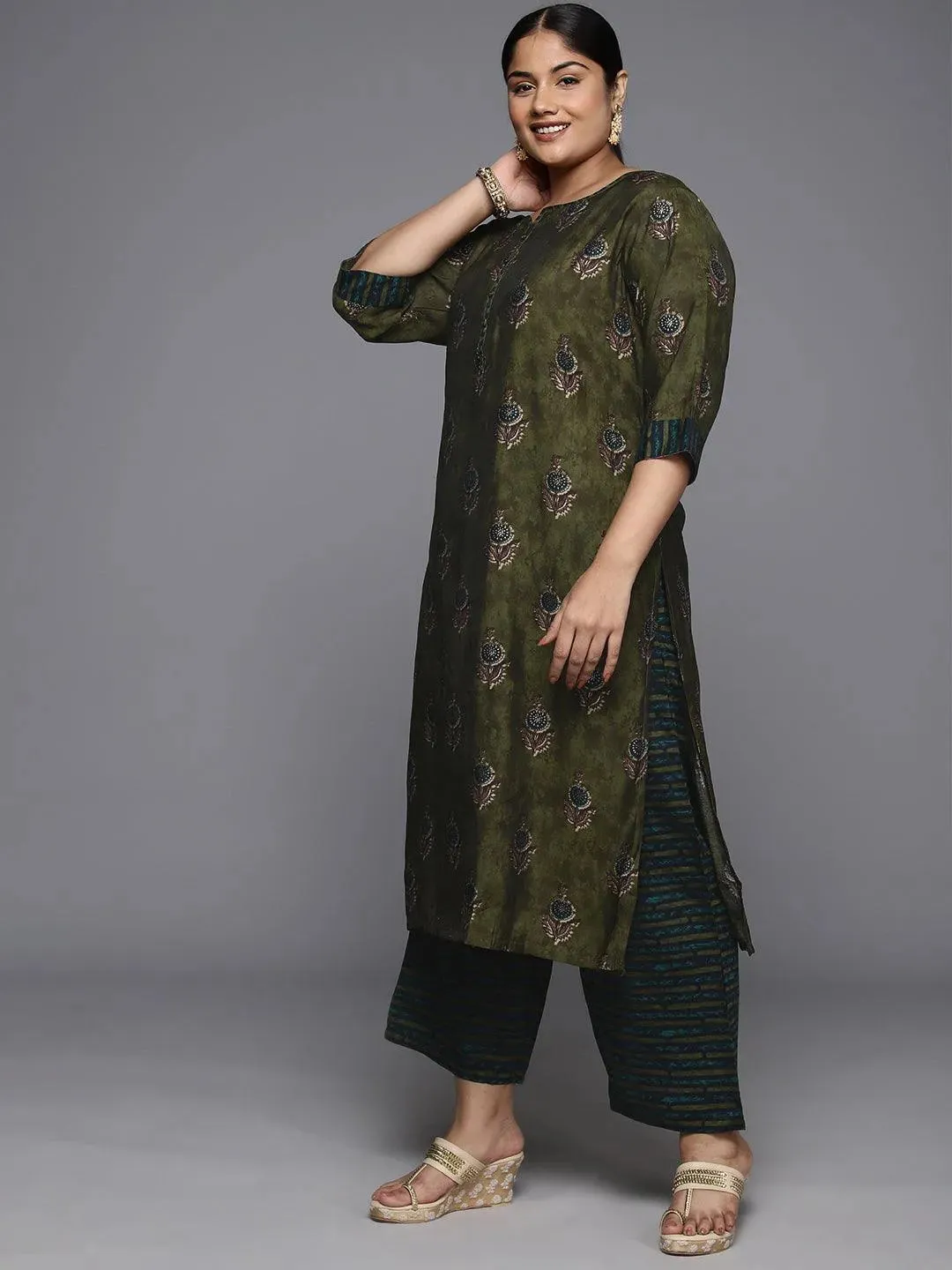 Plus Size Olive Printed Silk Blend Straight Suit With Dupatta