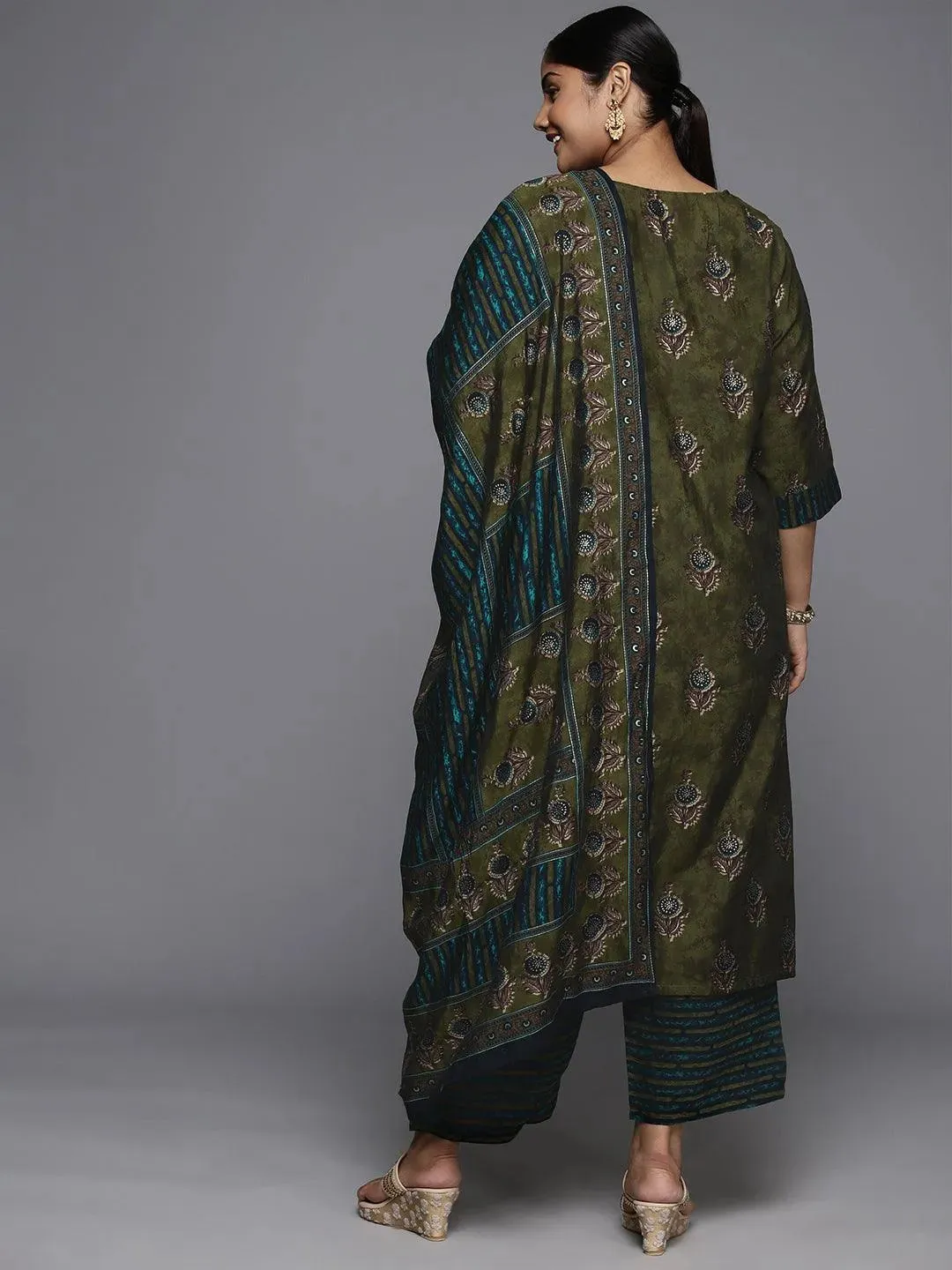 Plus Size Olive Printed Silk Blend Straight Suit With Dupatta