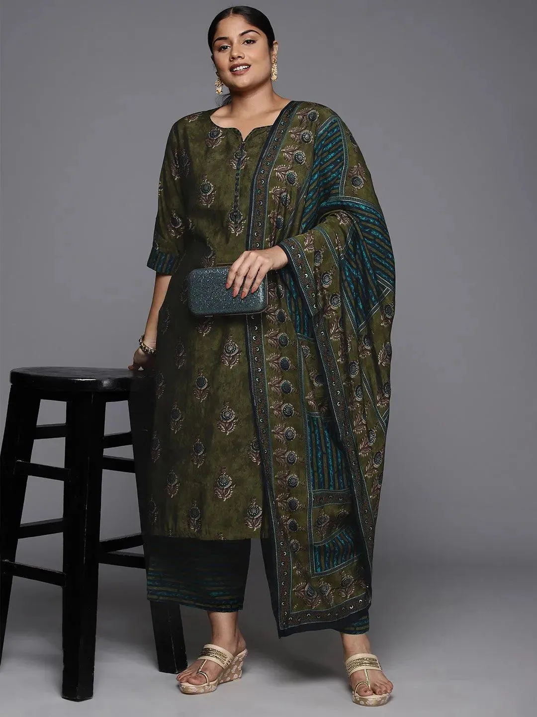 Plus Size Olive Printed Silk Blend Straight Suit With Dupatta