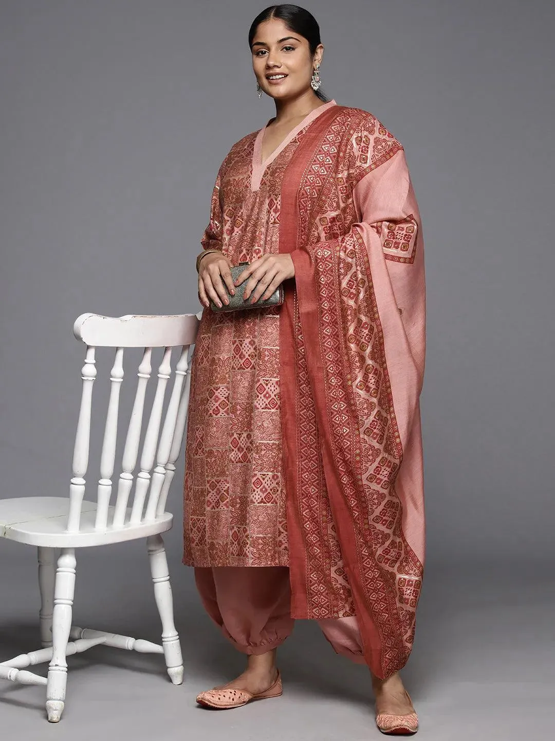 Plus Size Peach Printed Silk Blend Straight Suit With Dupatta