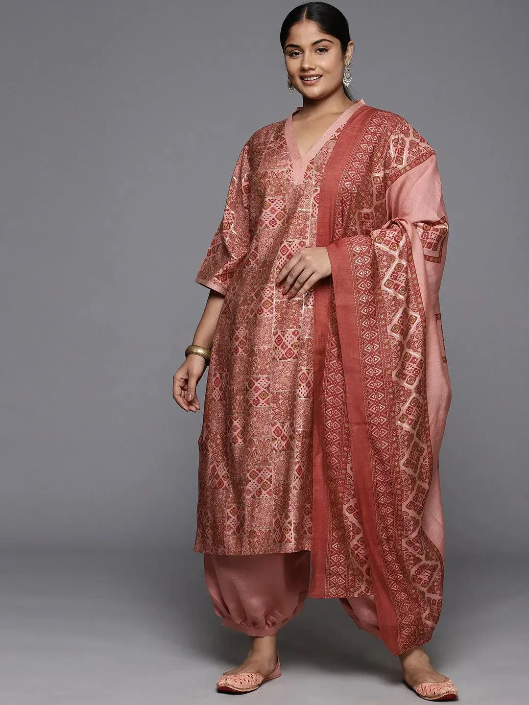 Plus Size Peach Printed Silk Blend Straight Suit With Dupatta