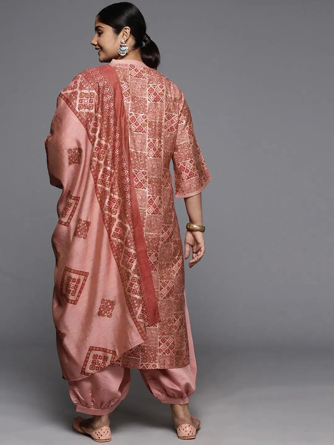 Plus Size Peach Printed Silk Blend Straight Suit With Dupatta