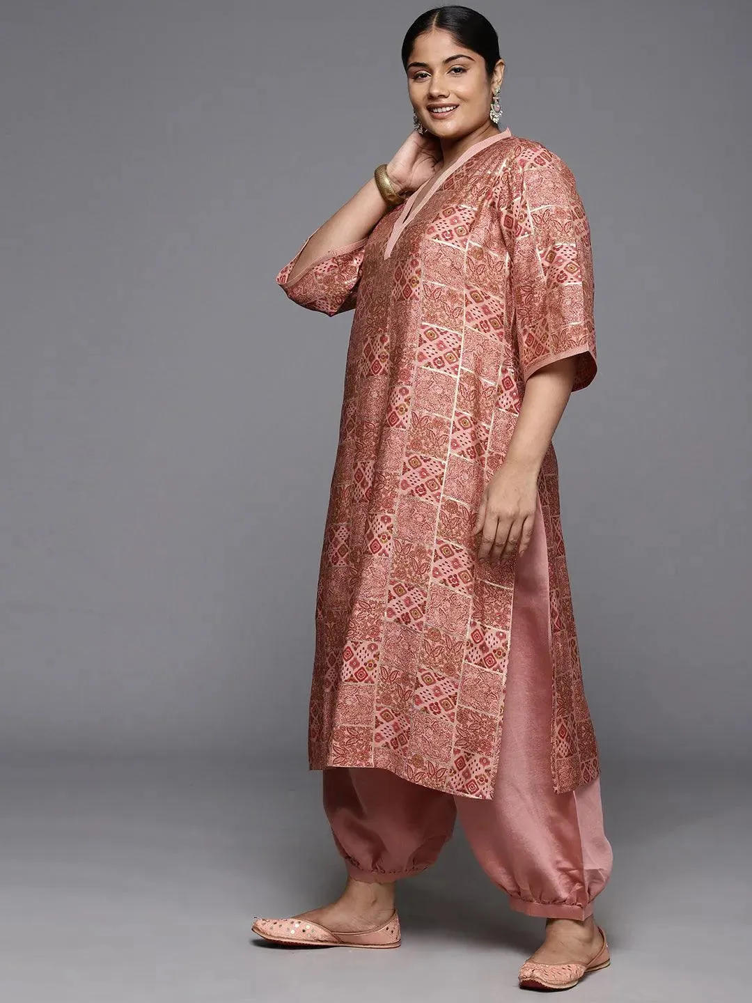 Plus Size Peach Printed Silk Blend Straight Suit With Dupatta