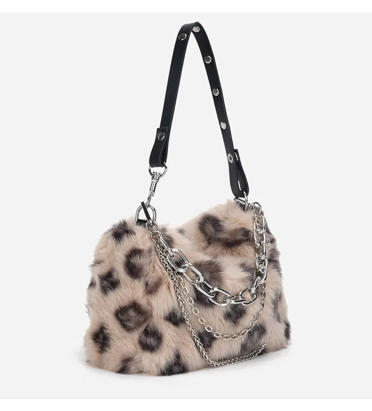 Plush Leopard Pattern Pink Brown White Shoulder Messenger Bag