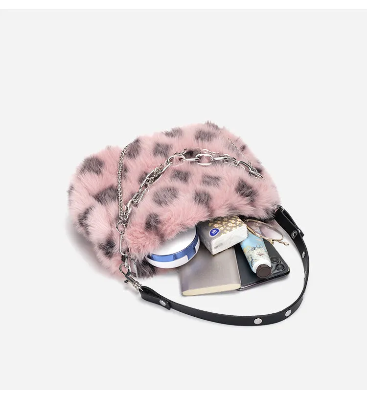 Plush Leopard Pattern Pink Brown White Shoulder Messenger Bag