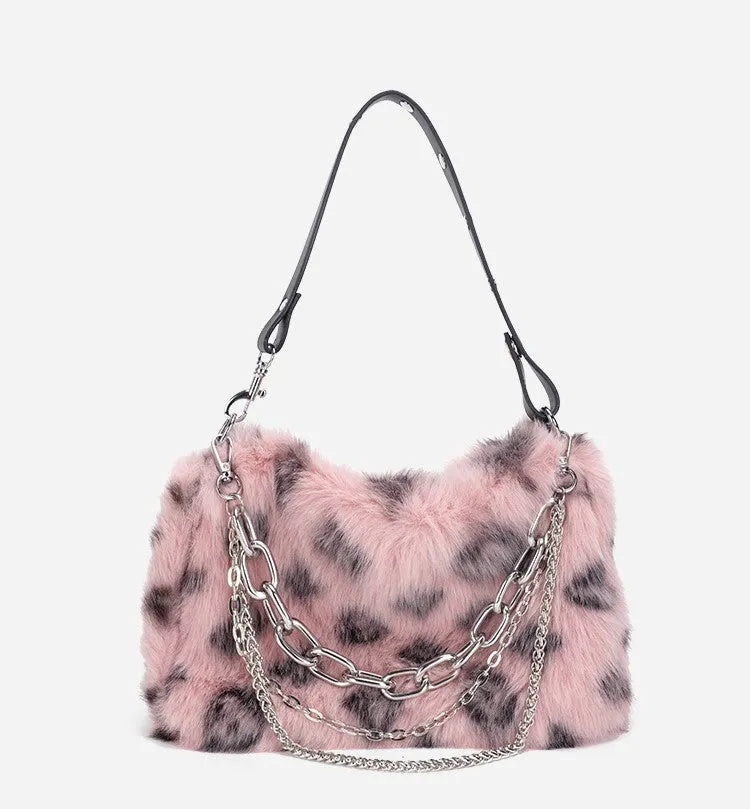 Plush Leopard Pattern Pink Brown White Shoulder Messenger Bag