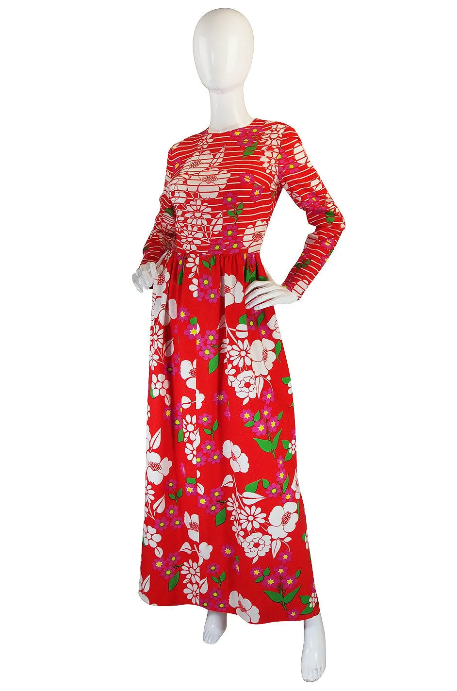 Rare Spring 1973 Lanvin Floral & Stripe Print Maxi Dress