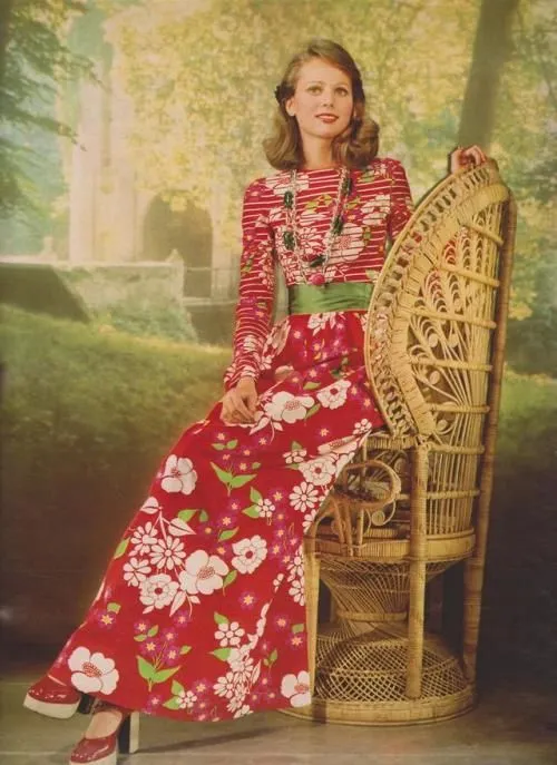 Rare Spring 1973 Lanvin Floral & Stripe Print Maxi Dress