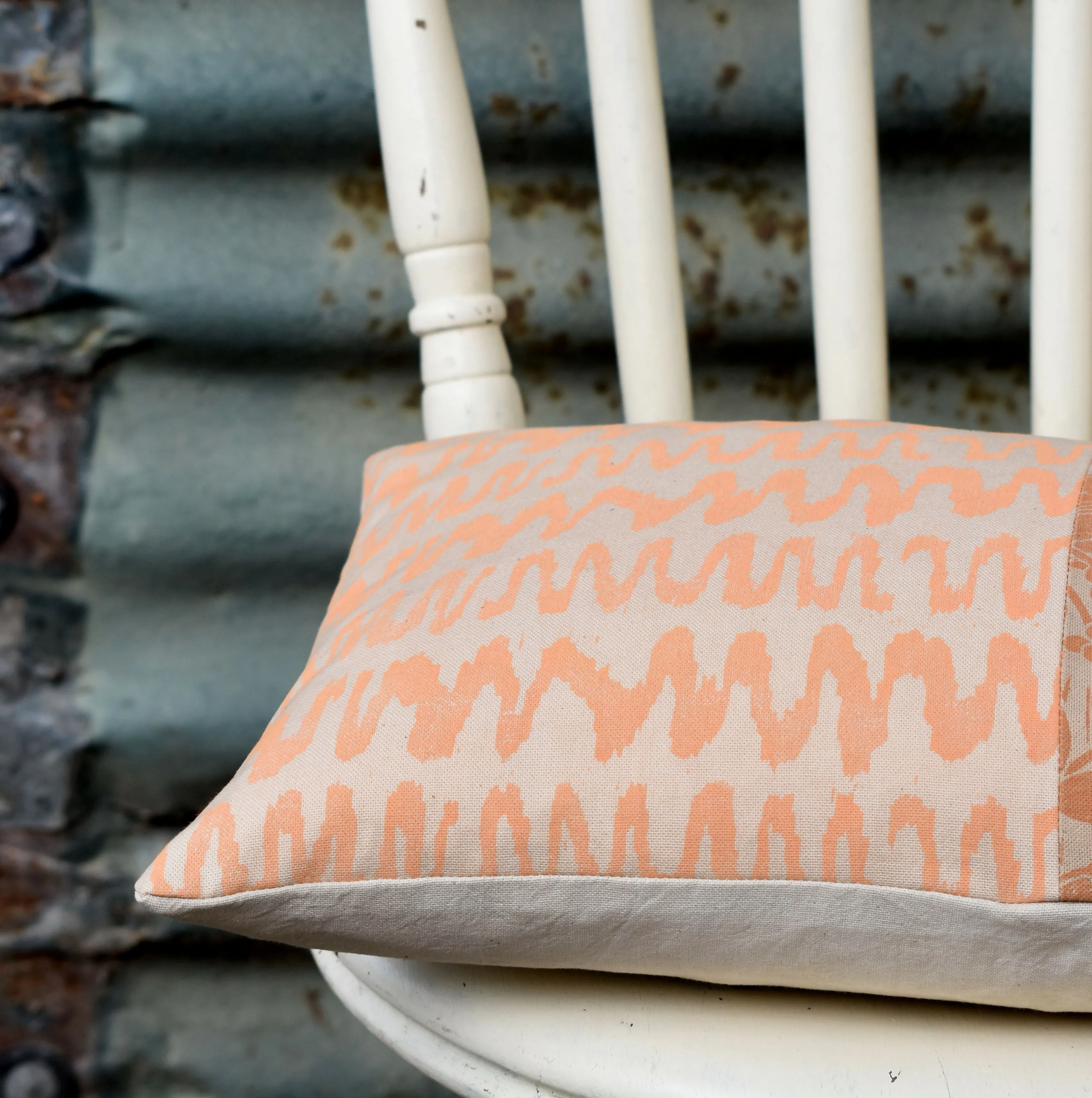 Squiggles and Robin   Wren Cotton Cushion - Plant Dyed and Block Printed By Hand