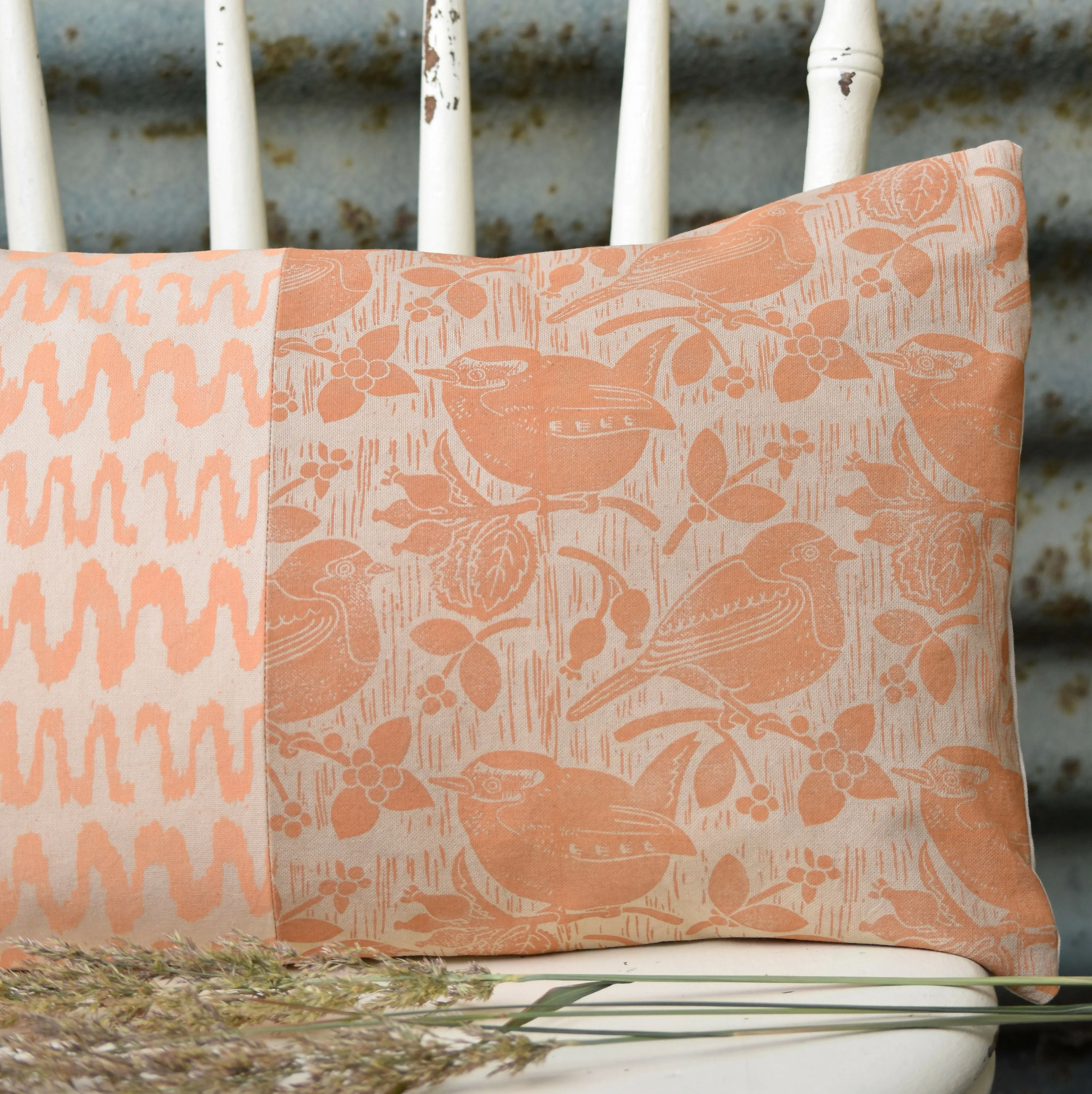 Squiggles and Robin   Wren Cotton Cushion - Plant Dyed and Block Printed By Hand