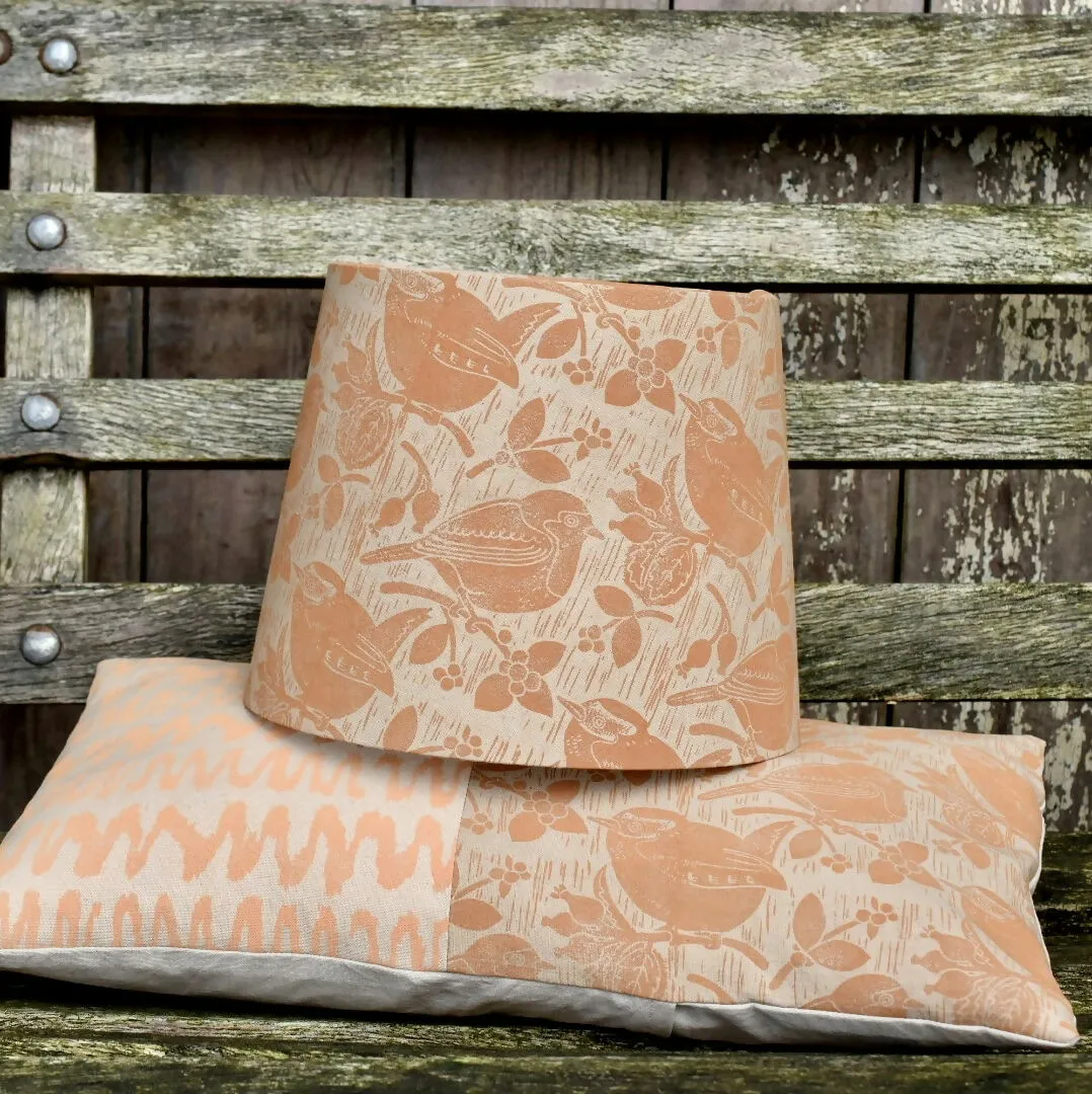 Squiggles and Robin   Wren Cotton Cushion - Plant Dyed and Block Printed By Hand