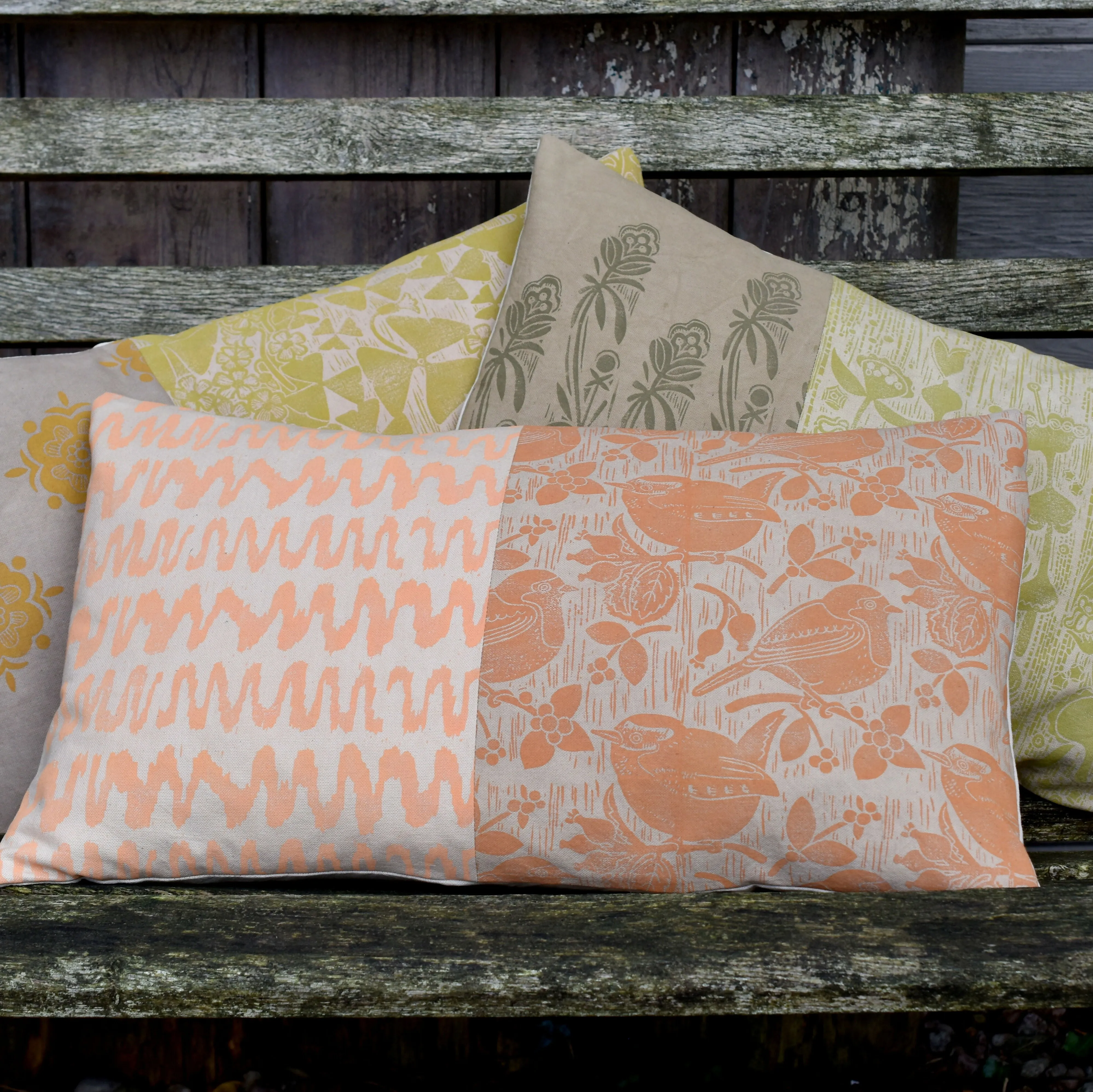 Squiggles and Robin   Wren Cotton Cushion - Plant Dyed and Block Printed By Hand