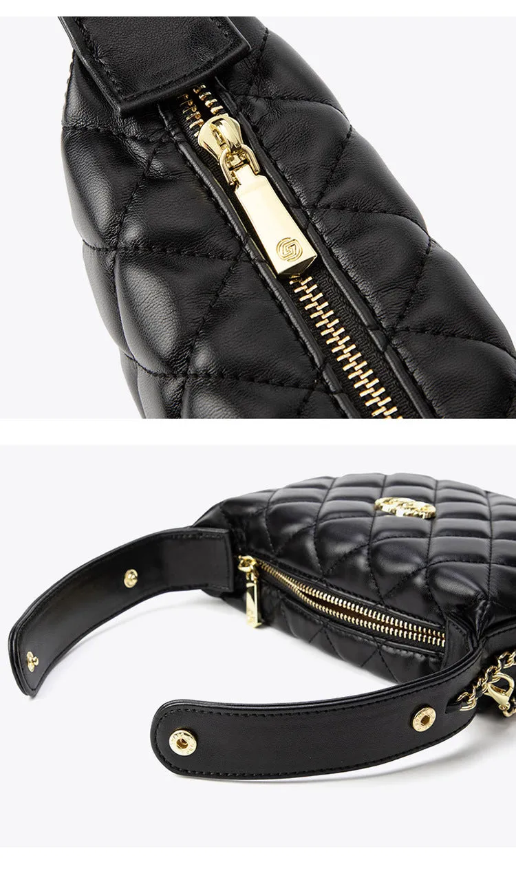 Style mini plaid crescent bag handbag Chanel Chain Around Mini Pouch Black Lambskin Light Gold Hardware