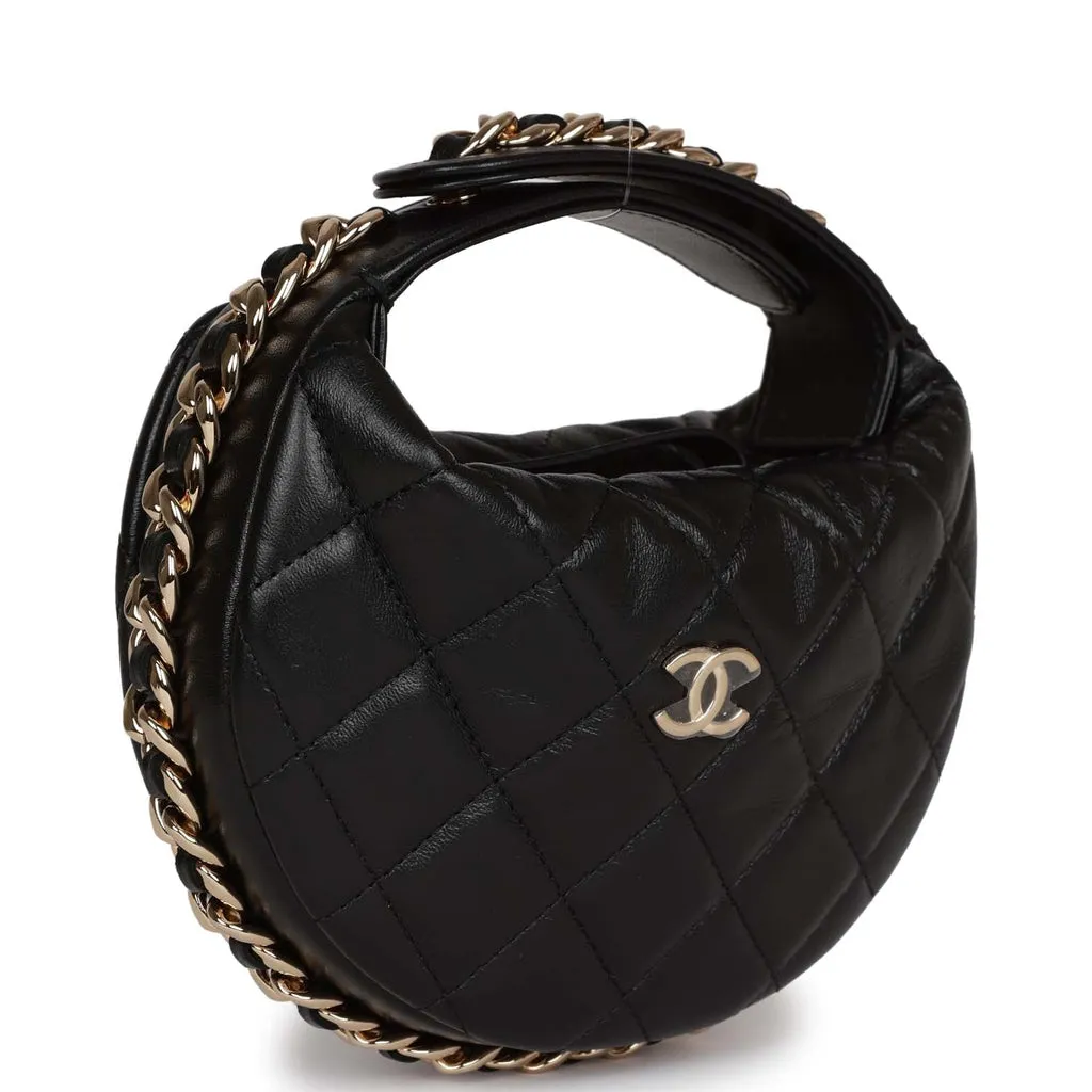 Style mini plaid crescent bag handbag Chanel Chain Around Mini Pouch Black Lambskin Light Gold Hardware