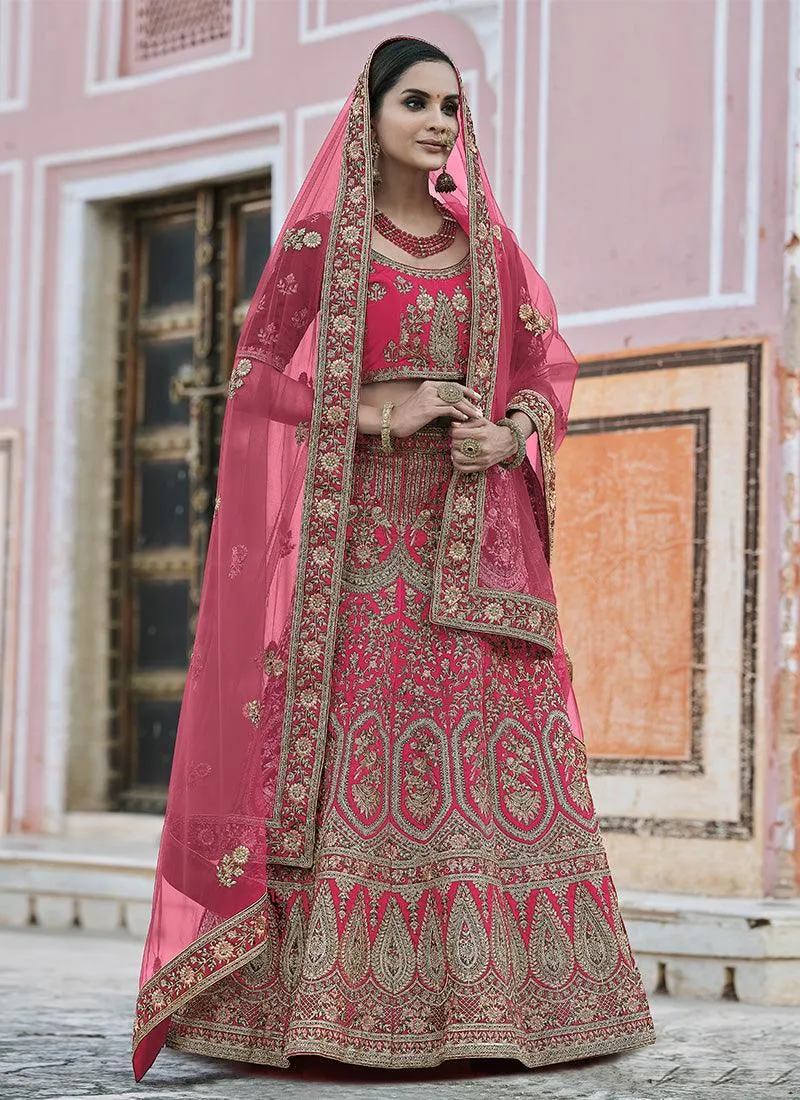 Sumptuous Zari And Stone Work Pink Color Velvet Fabric Lehenga Choli