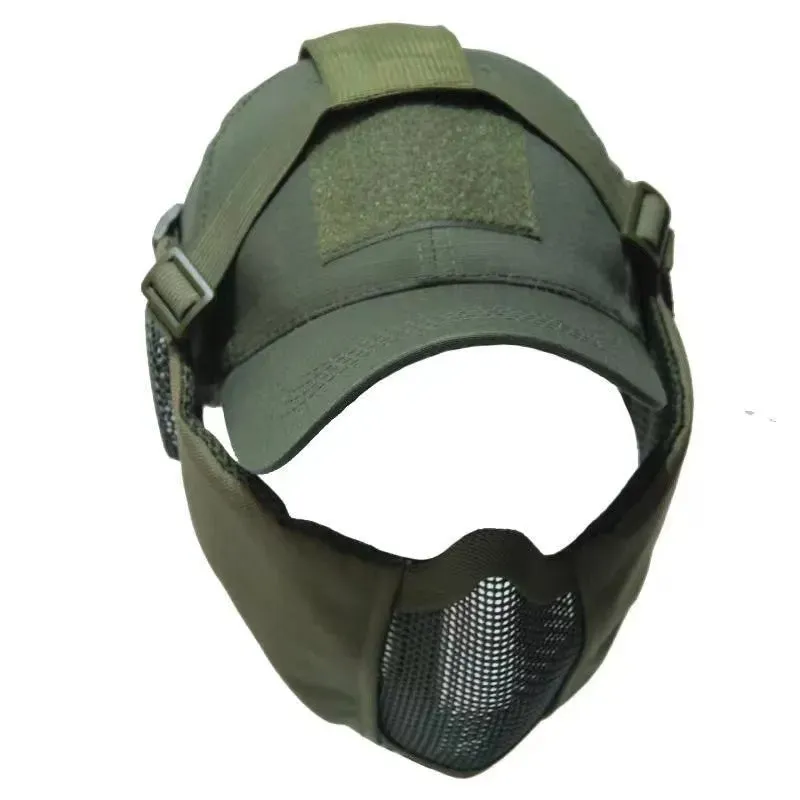 Tactical Foldable Masks Baseball Cap Adjustable Paintball Half Face Ow-Carbon Steel Mesh Mask Ear Protective for Airsoft Hunting