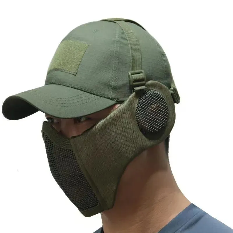 Tactical Foldable Masks Baseball Cap Adjustable Paintball Half Face Ow-Carbon Steel Mesh Mask Ear Protective for Airsoft Hunting