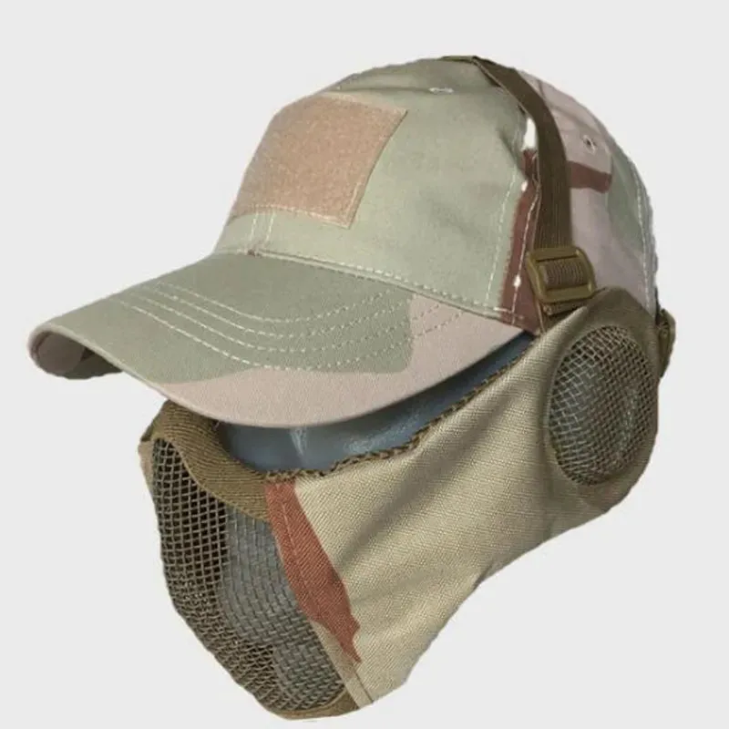 Tactical Foldable Masks Baseball Cap Adjustable Paintball Half Face Ow-Carbon Steel Mesh Mask Ear Protective for Airsoft Hunting