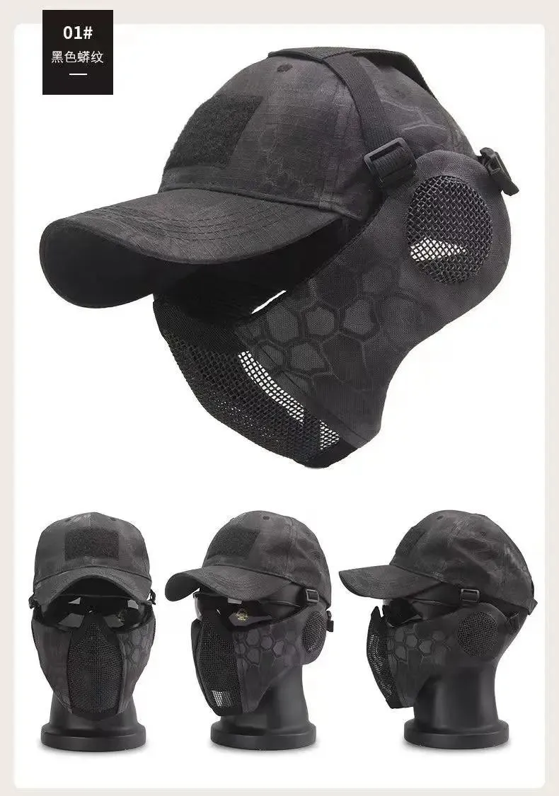 Tactical Foldable Masks Baseball Cap Adjustable Paintball Half Face Ow-Carbon Steel Mesh Mask Ear Protective for Airsoft Hunting